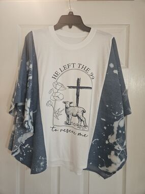 Upcycled White Graphic Tee with Blue Tie-Dye Sleeve Poncho